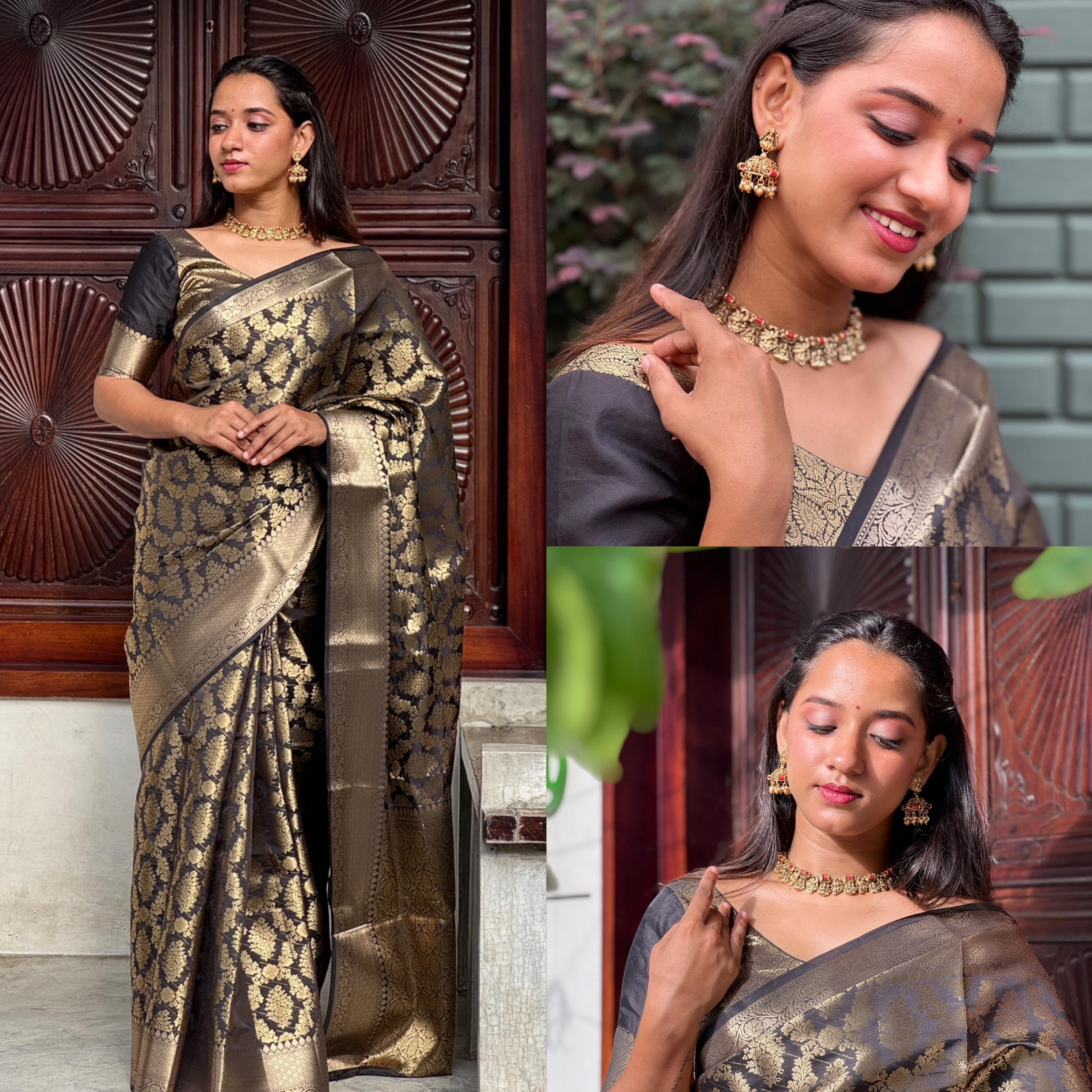 Black and gold full jacquard weave saree