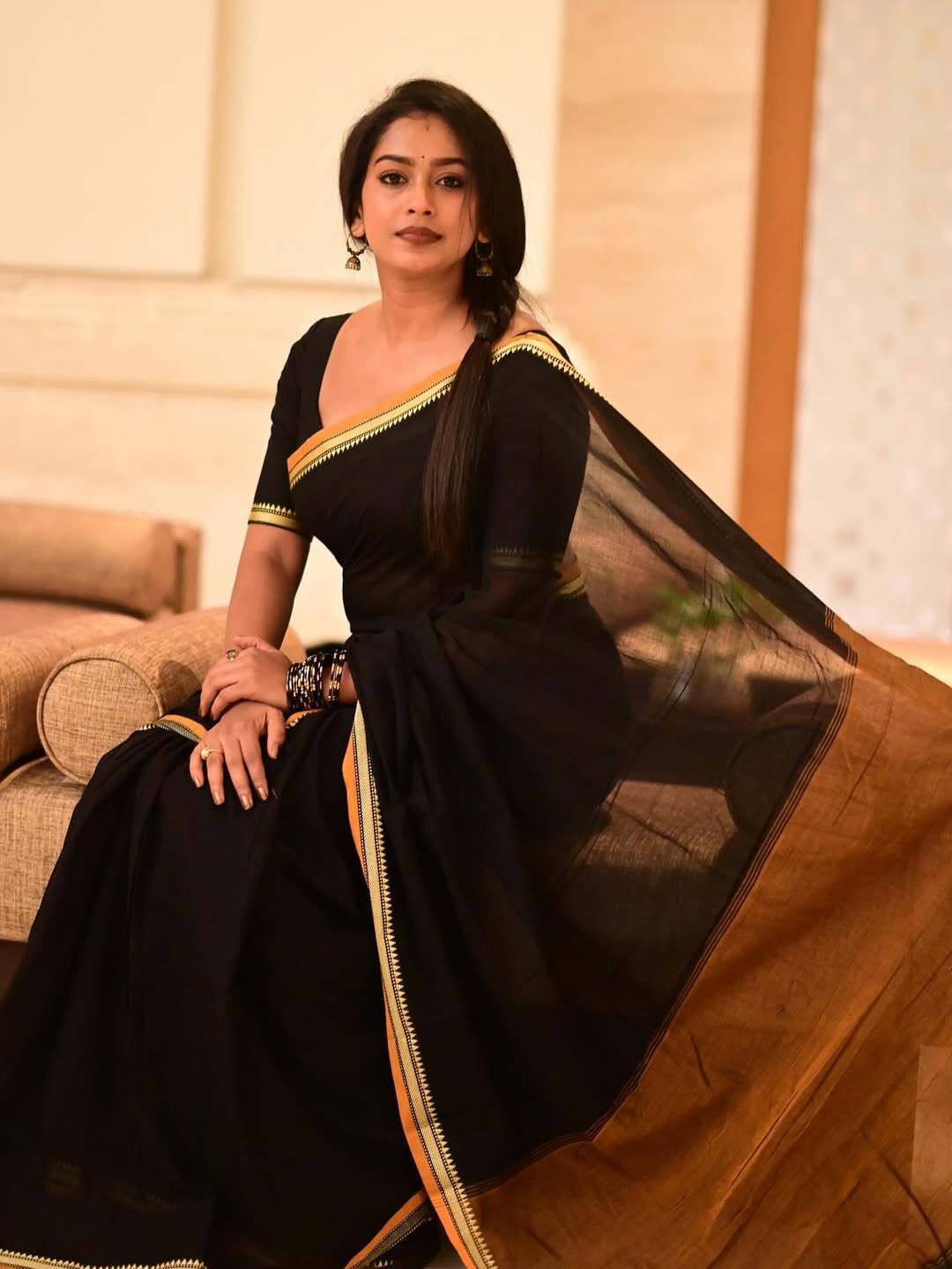 Black in Yellow Temple border Khadi cotton Saree