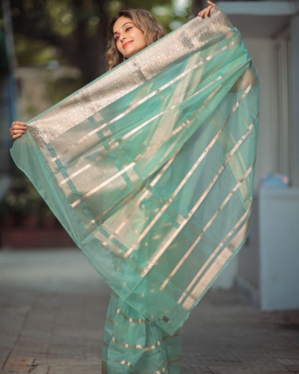 Teal organza saree