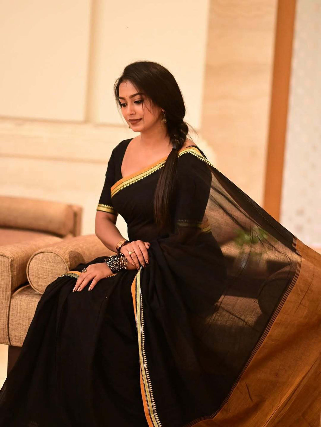 Black in Yellow Temple border Khadi cotton Saree