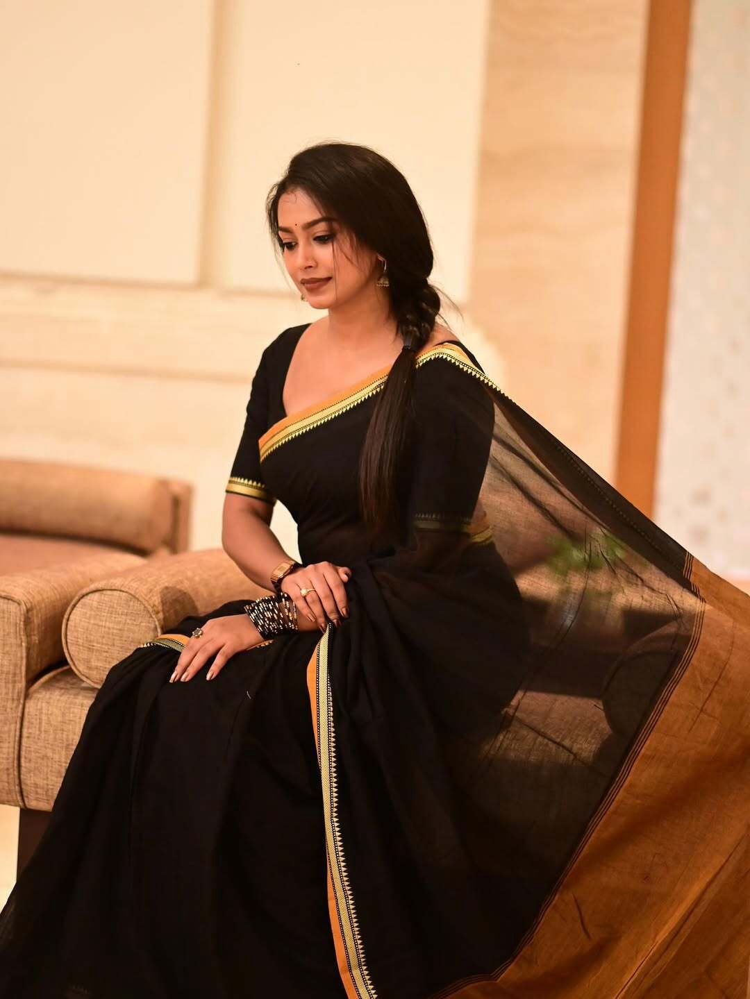 Black in Yellow Temple border Khadi cotton Saree