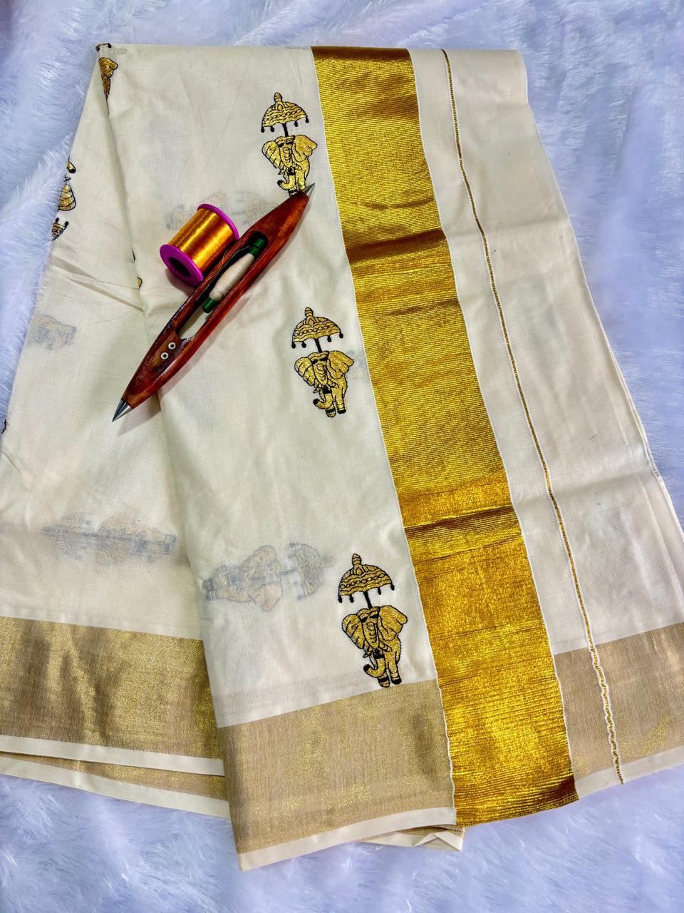 Elephant with umbrella embroidered cotton saree