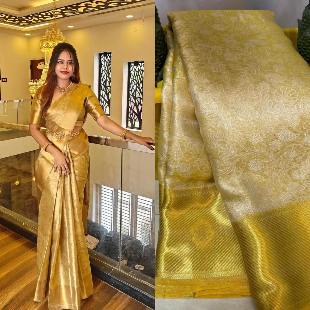 Golden banarasi flower weave saree