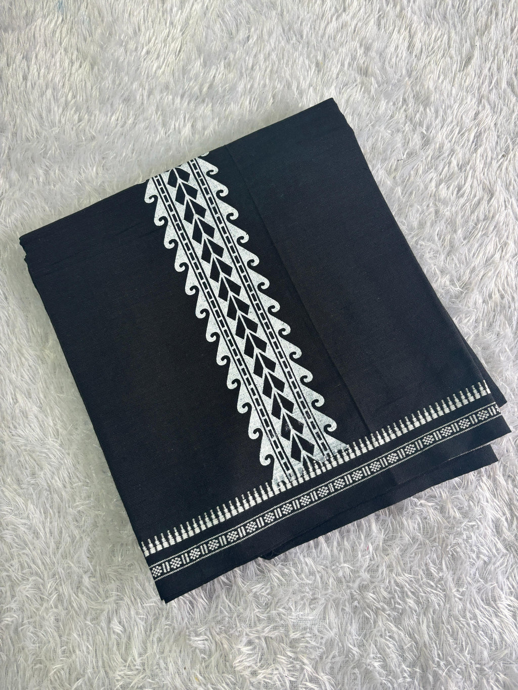 Black single dhothi with white print