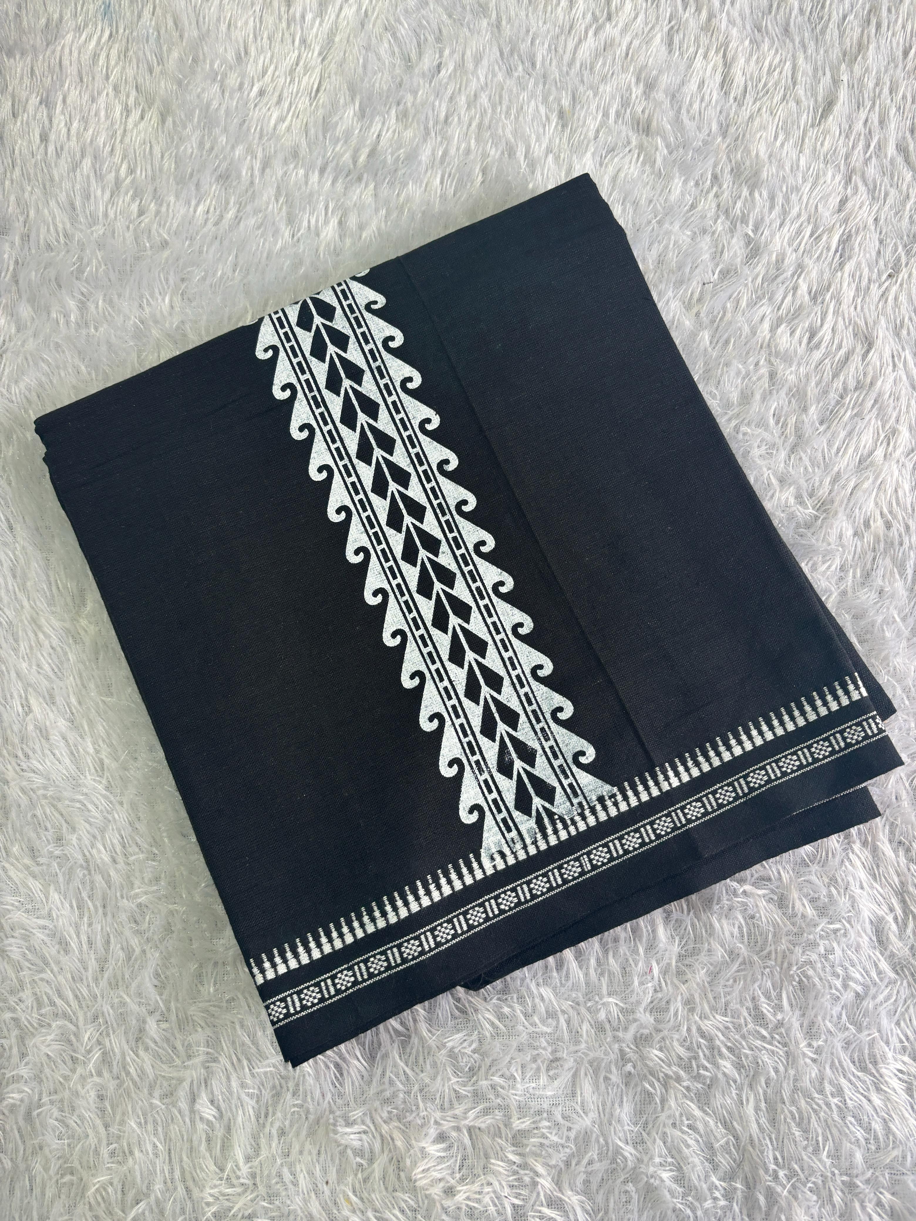 Black single dhothi with white print