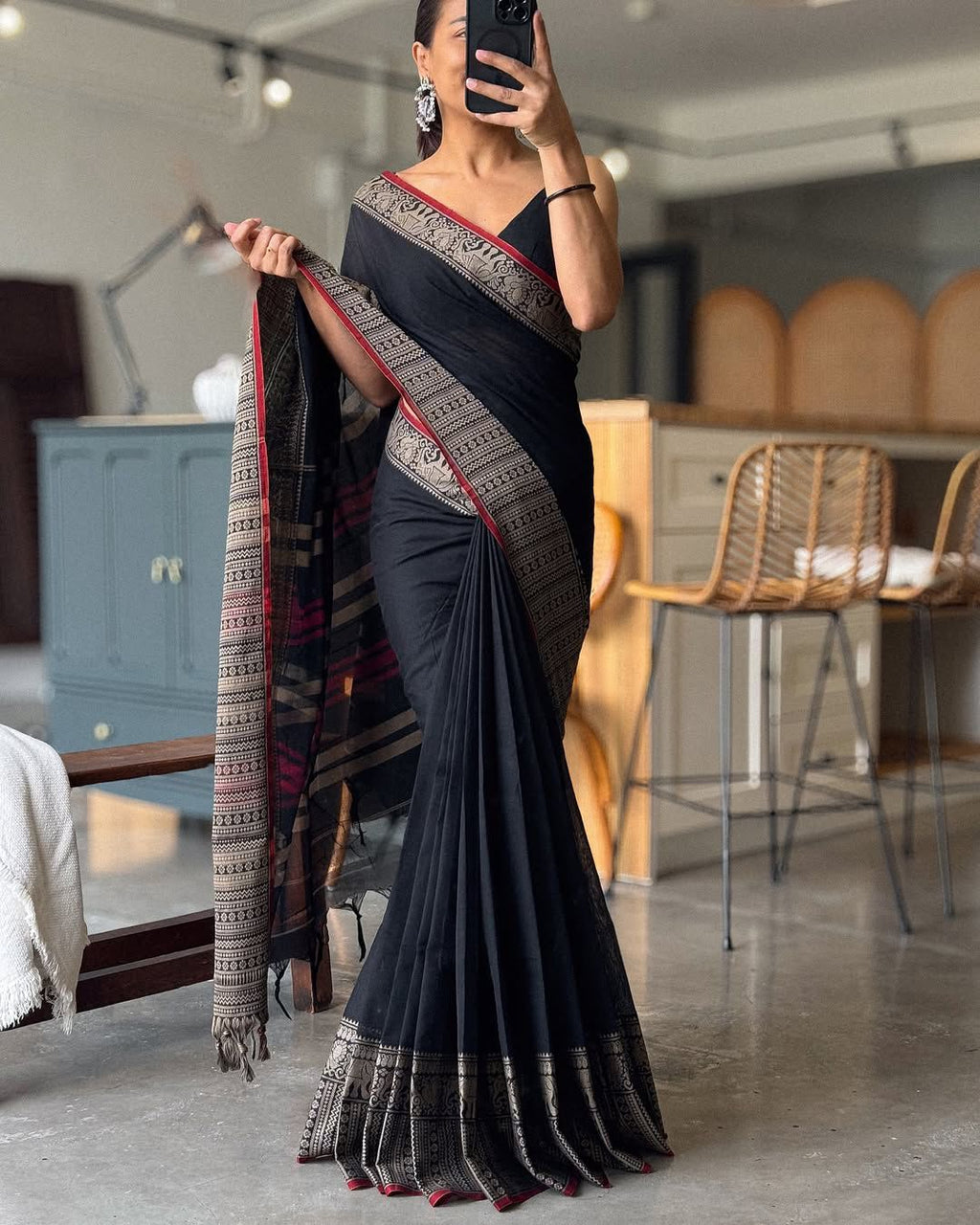 Big border black cotton saree