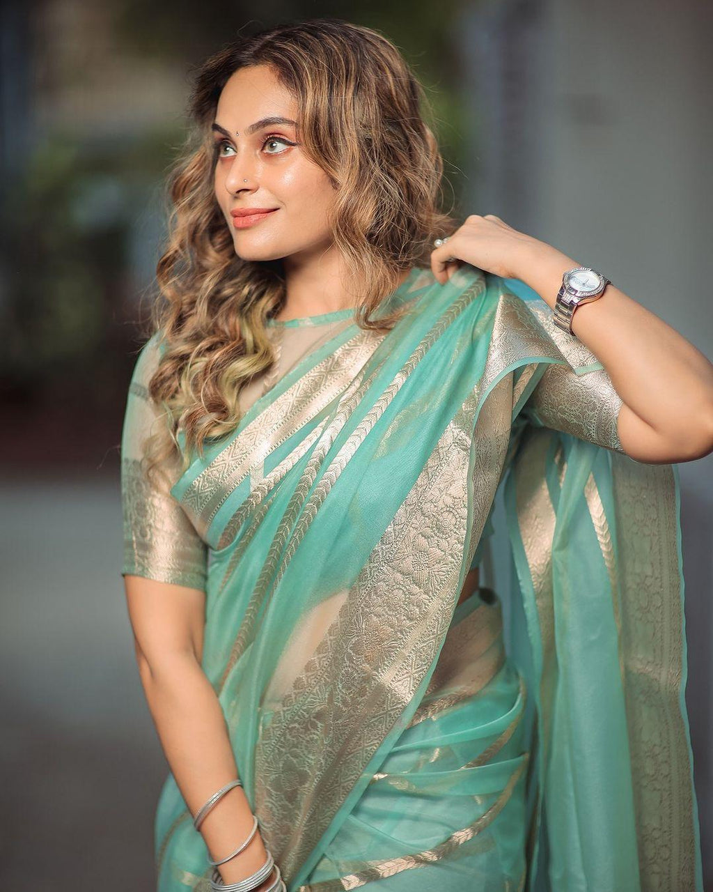 Teal organza saree