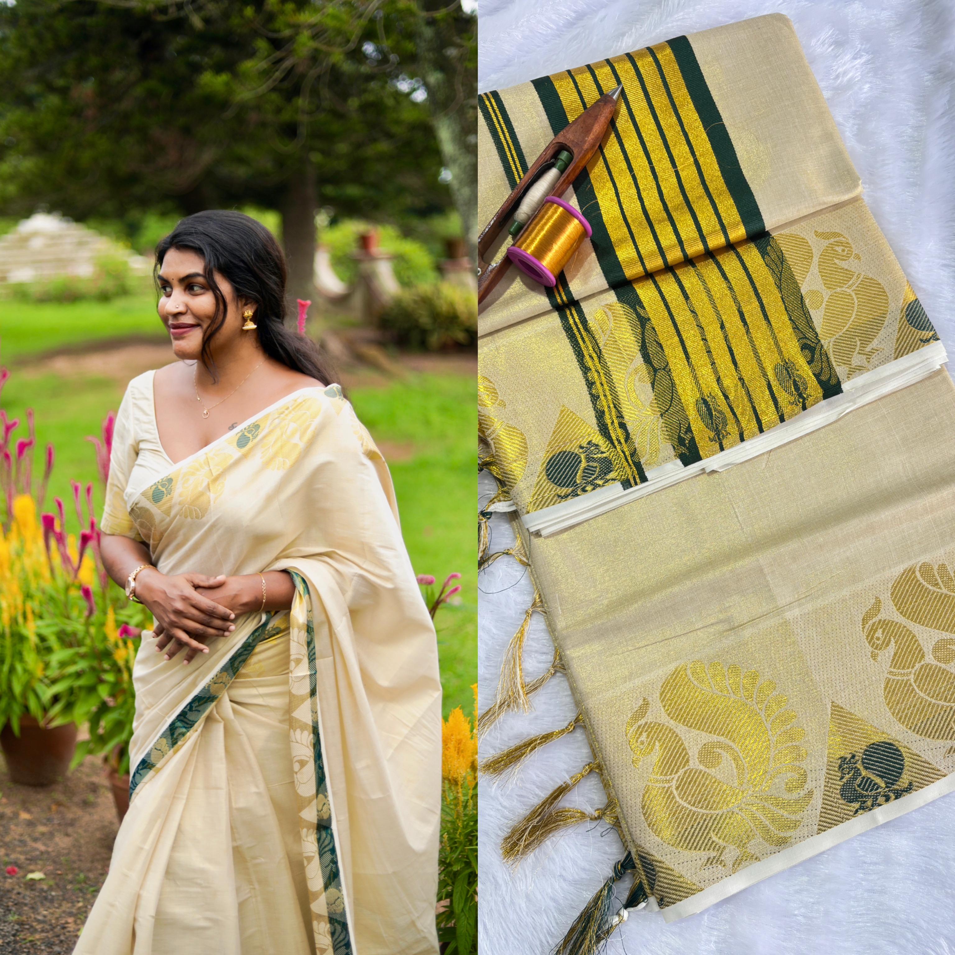 Peacock border golden tissue saree