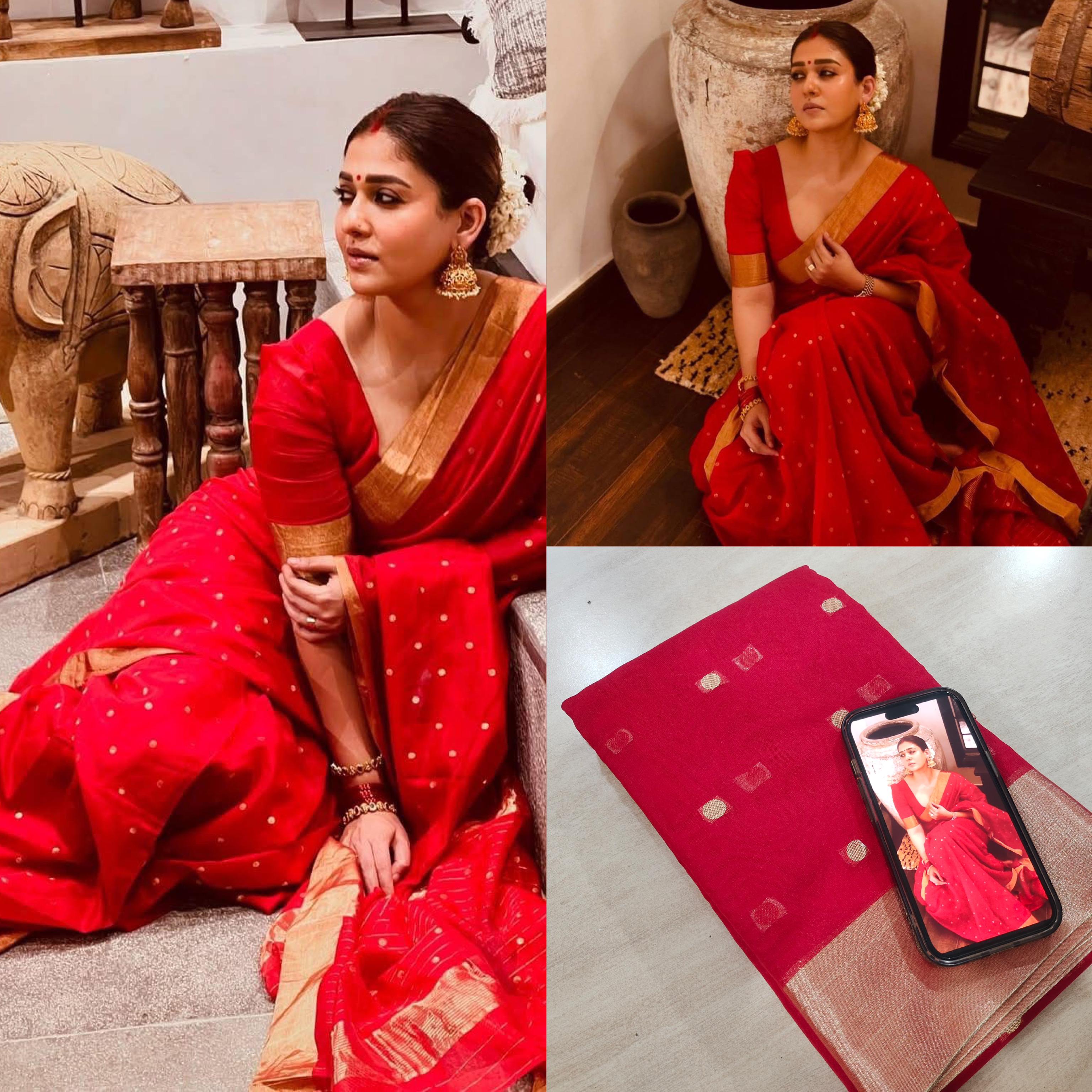 Nayanthara Red small polka saree
