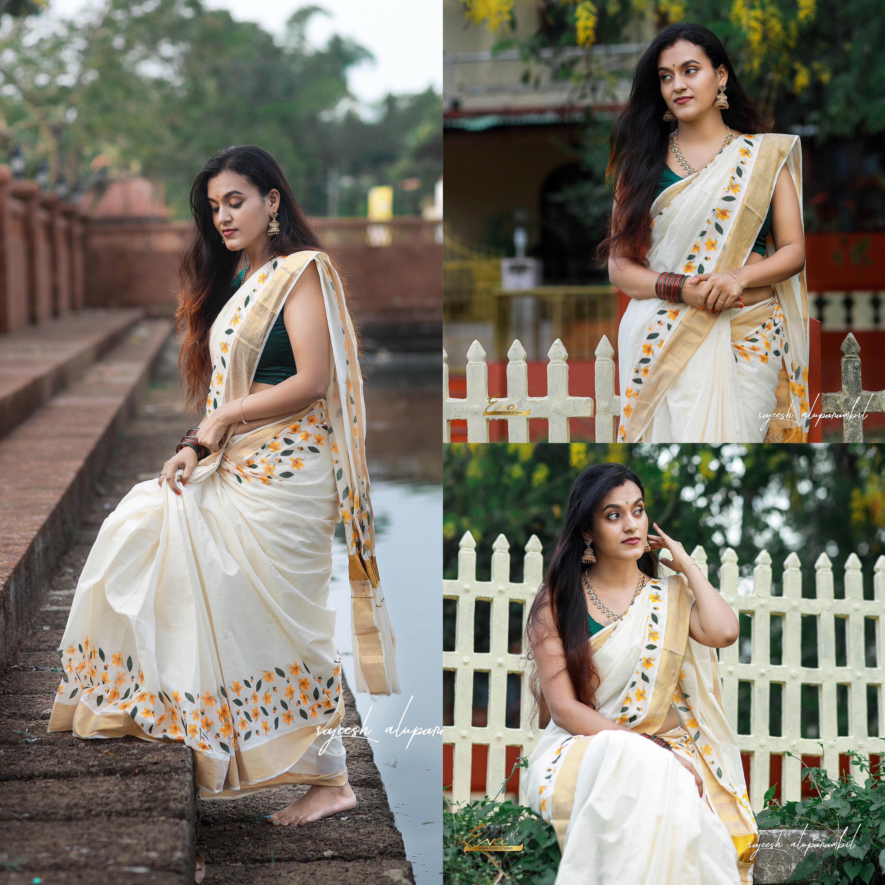 Yellow scattered flower printed cotton saree