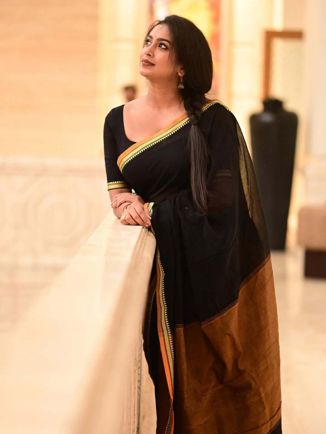 Black in Yellow Temple border Khadi cotton Saree