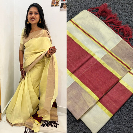 5 Inch colour kasavu golden tissue ready to wear saree with tussles