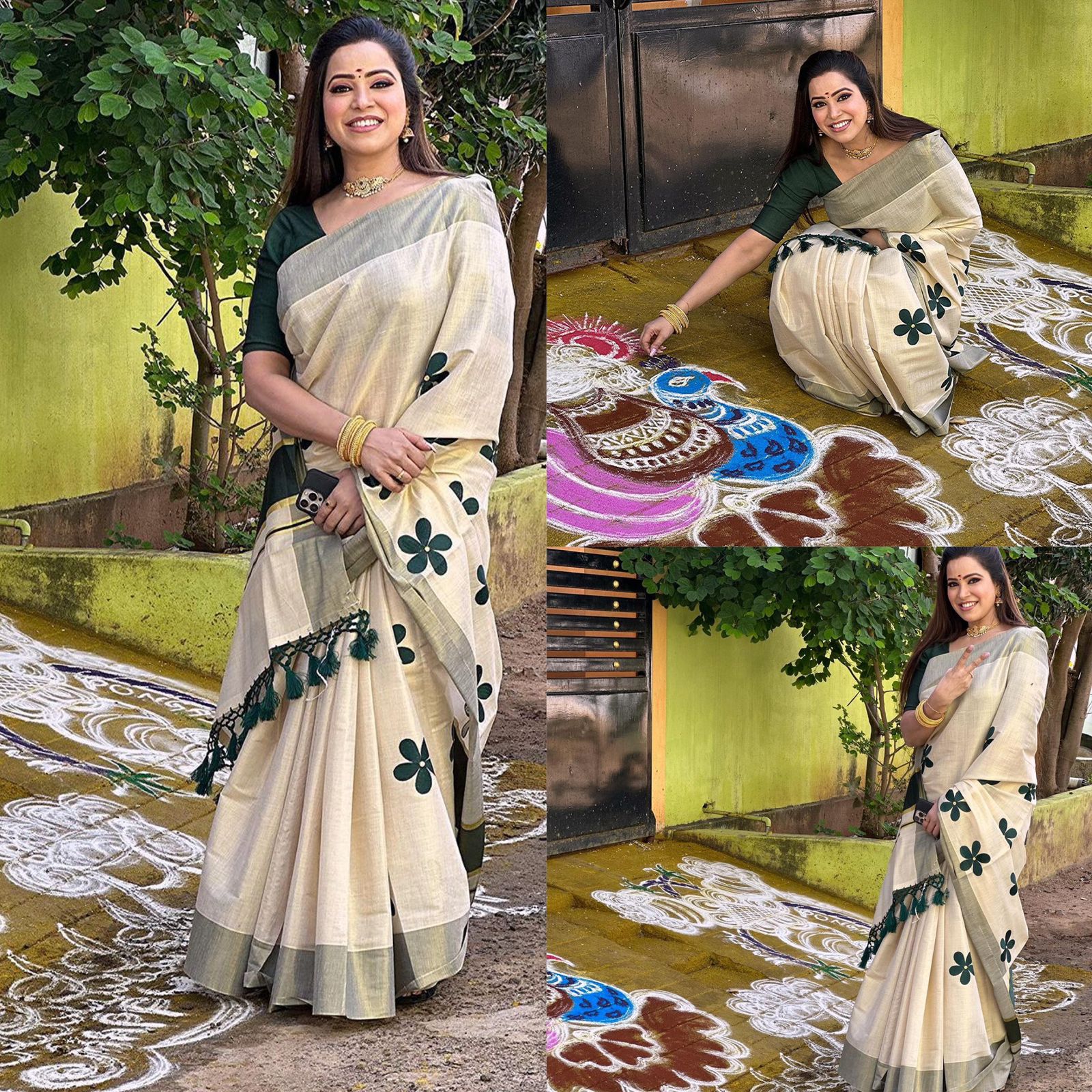 Green flower embro golden tissue saree with tussles