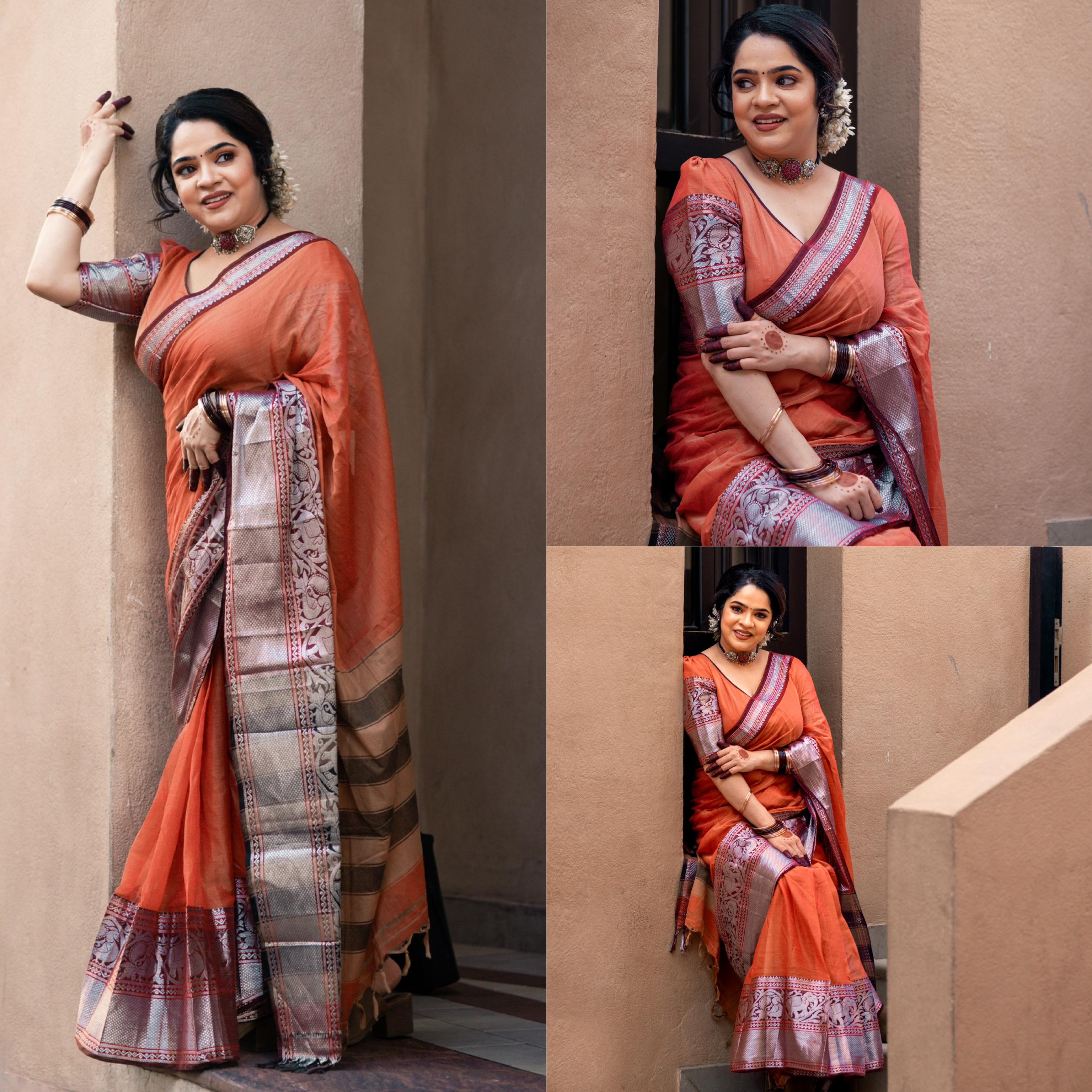 Silver big border elephant motif cotton saree