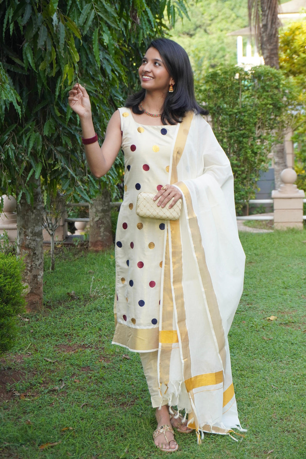 Golden tissue polka Churidaar unstitched full set