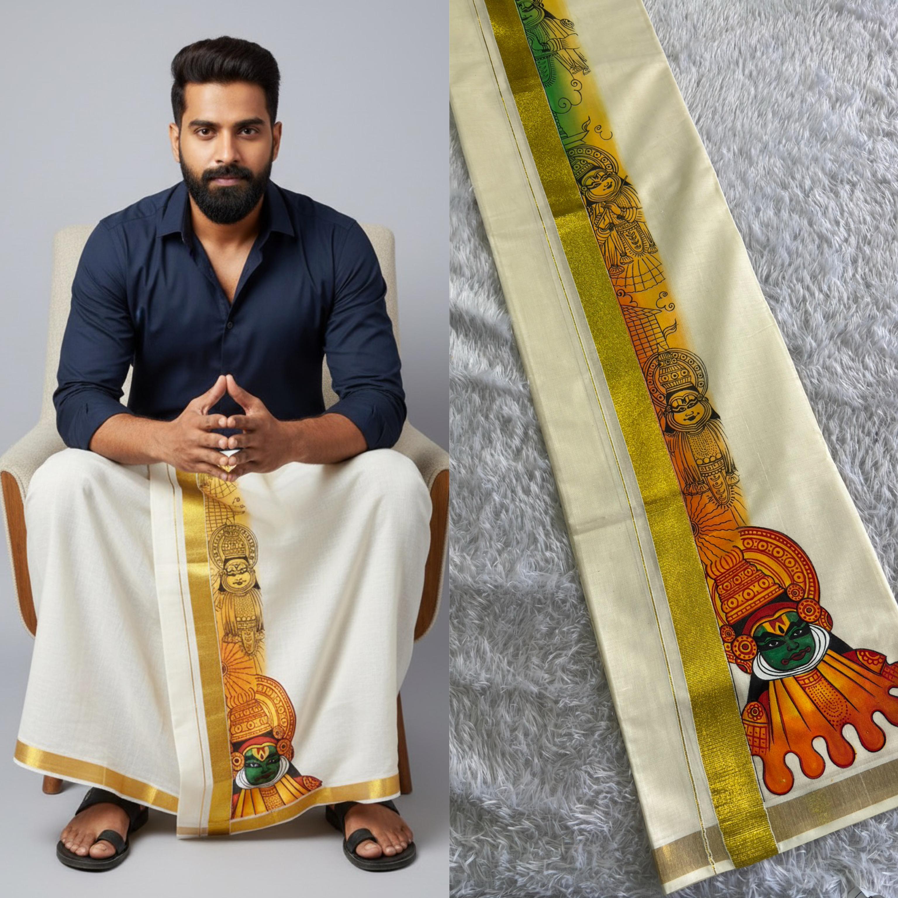 Handpainted Mens Off white Double Dhothi