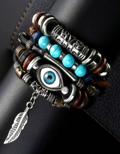 Unisex Blue Evil Eye Leaf Charm Multi Bracelet